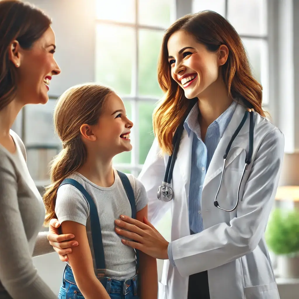 A realistic image of a female doctor smiling and interacting with a young girl and her mother in a bright and welcoming medical office. The doctor, dr