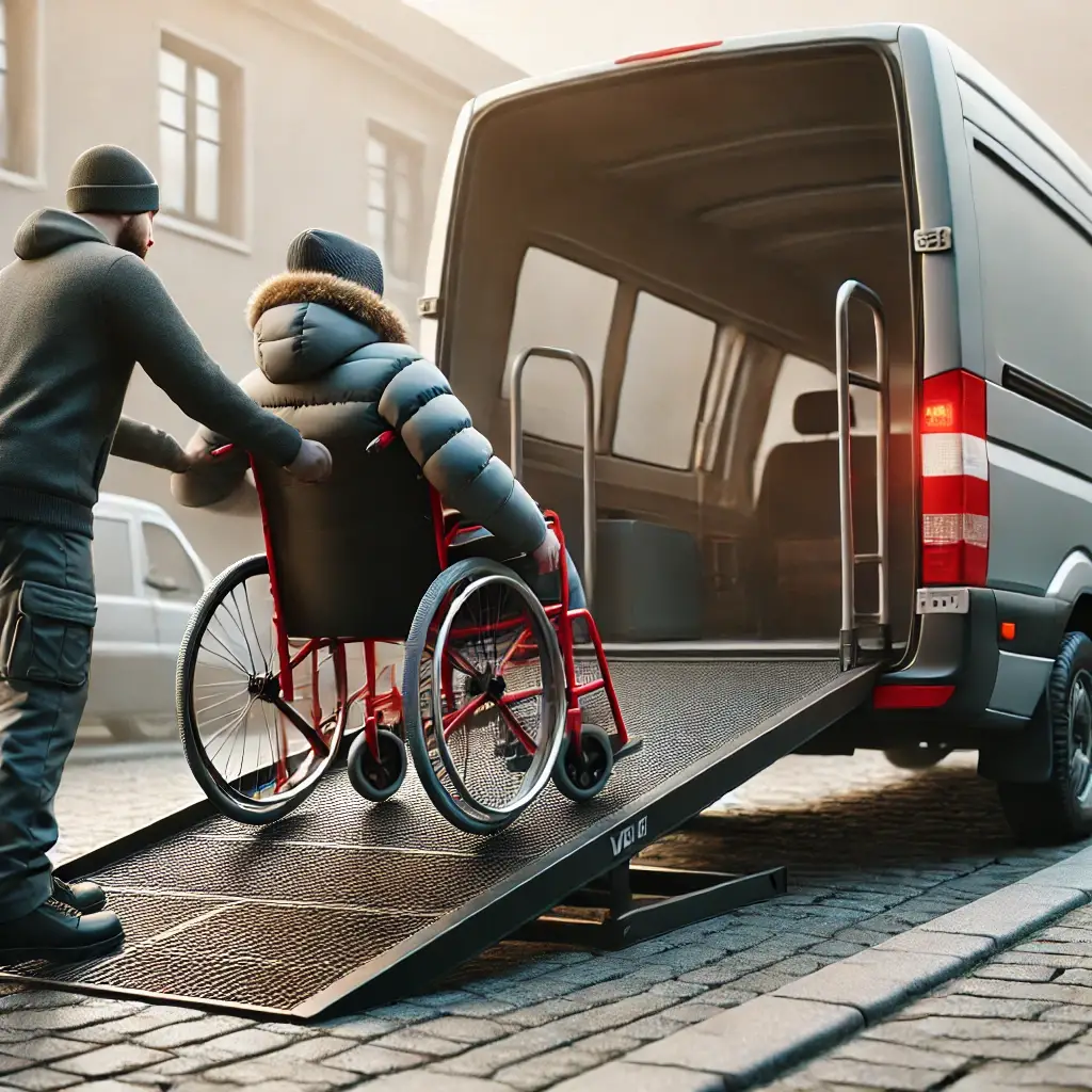 A realistic image of a person in a wheelchair being lifted into a vehicle using a wheelchair ramp. The person is wearing a winter jacket and is seated - top care medical transportation llc - washington state