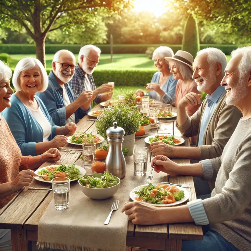 Top Care Medical Transportation LLC Washington Seattle A realistic photo of a group of senior citizens having lunch together outdoors. They are sitting around a table in a garden or park, enjoying their me.webp