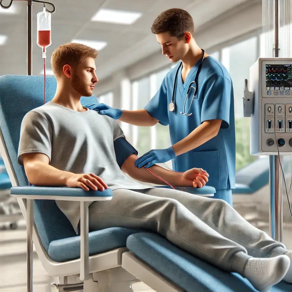 male nurse injecting patient for renal dialysis treatment - top care medical transportation llc - washington state